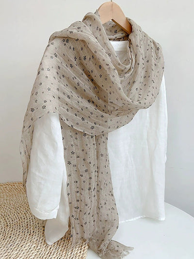 Women Artsy Floral Thin Tassel Linen Shawl Scarf