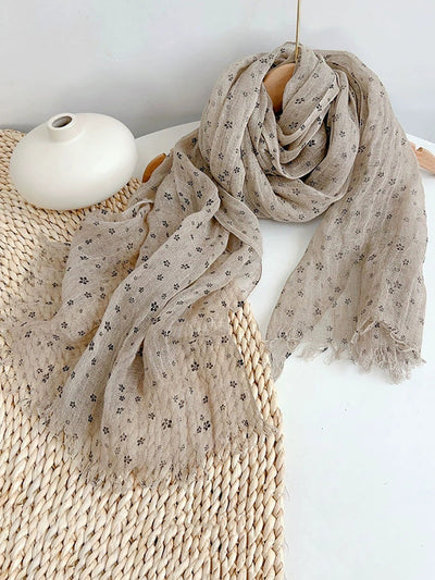 Women Artsy Floral Thin Tassel Linen Shawl Scarf