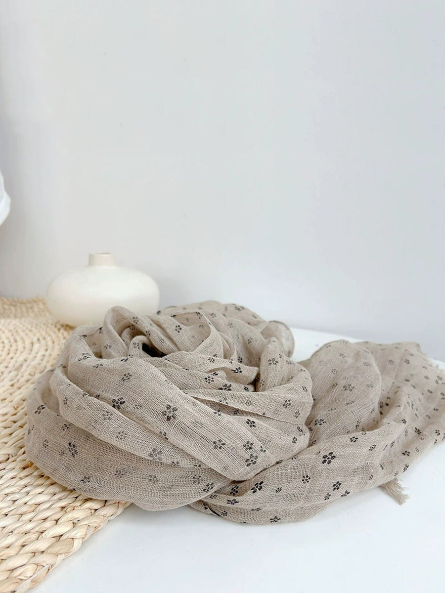 Women Artsy Floral Thin Tassel Linen Shawl Scarf
