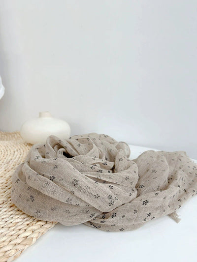 Women Artsy Floral Thin Tassel Linen Shawl Scarf