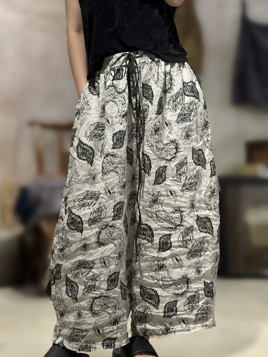 Women Summer Retro Print Linen Wide-leg Pants