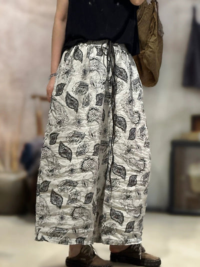 Women Summer Retro Print Linen Wide-leg Pants