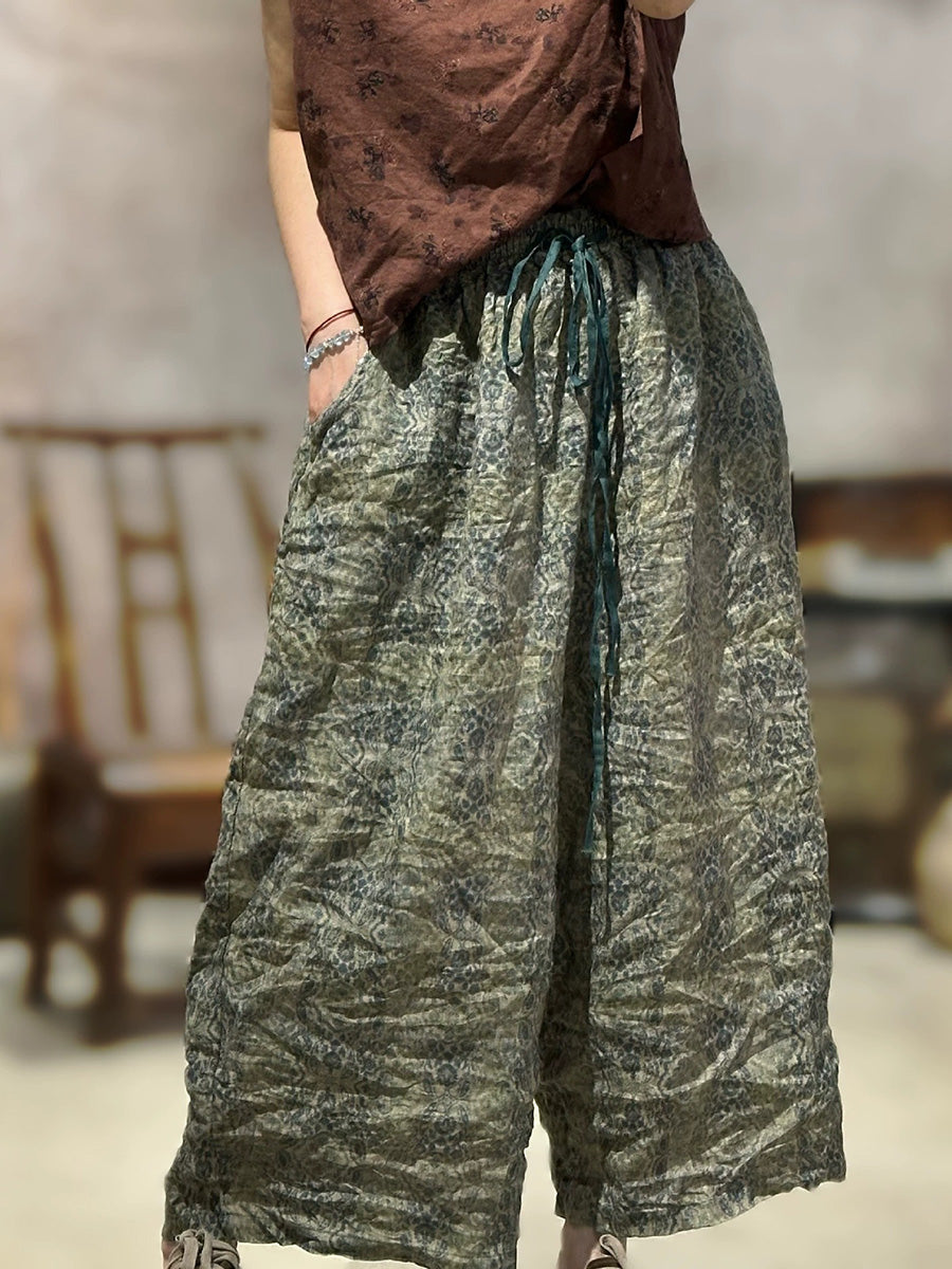 Women Summer Retro Print Linen Wide-leg Pants