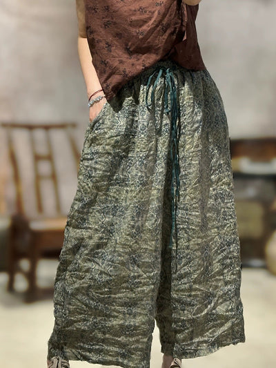 Women Summer Retro Print Linen Wide-leg Pants
