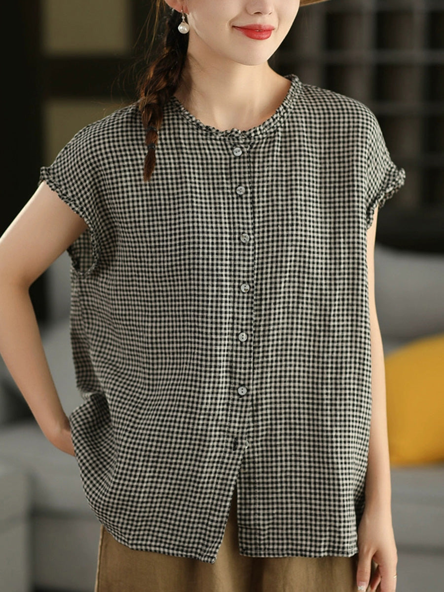 Women Summer Vintage Plaid 100%Linen O-Neck Shirt