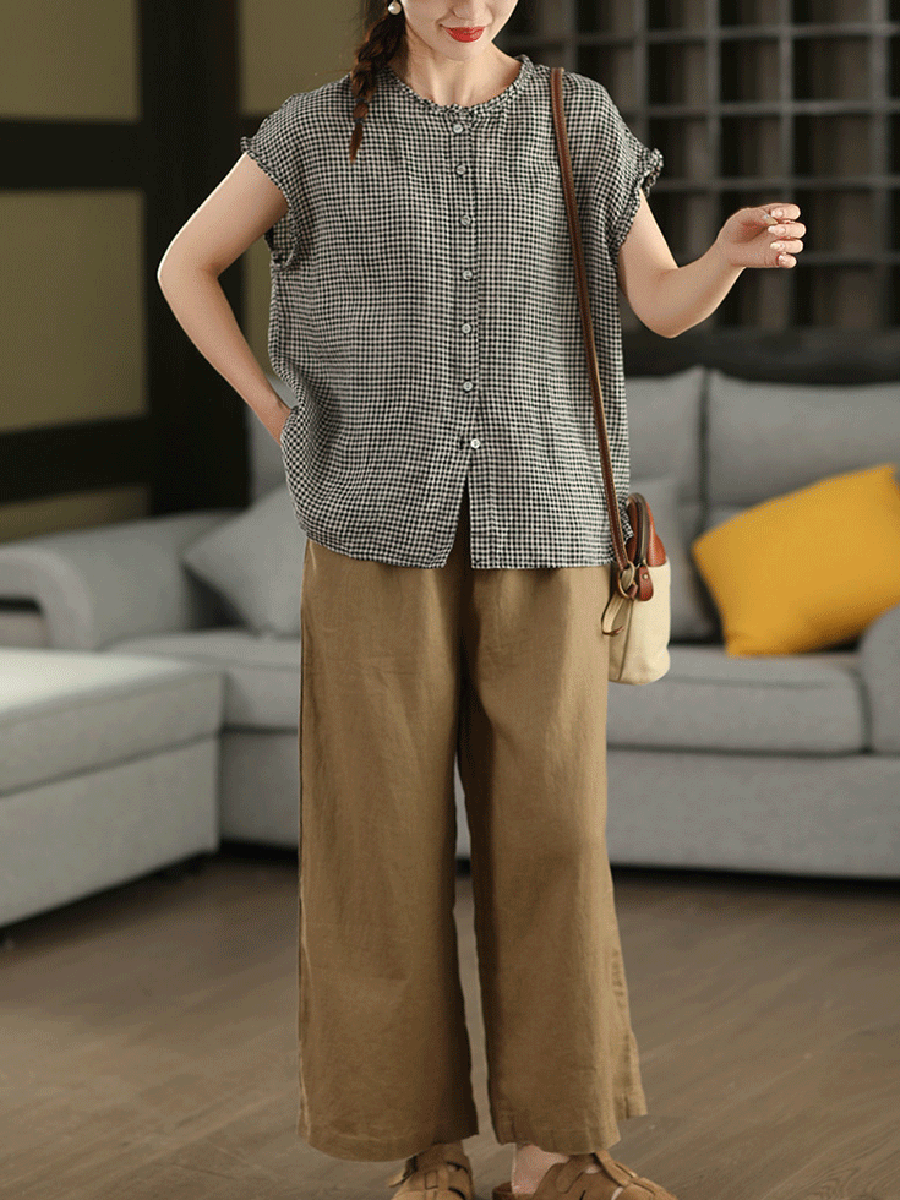 Women Summer Vintage Plaid 100%Linen O-Neck Shirt