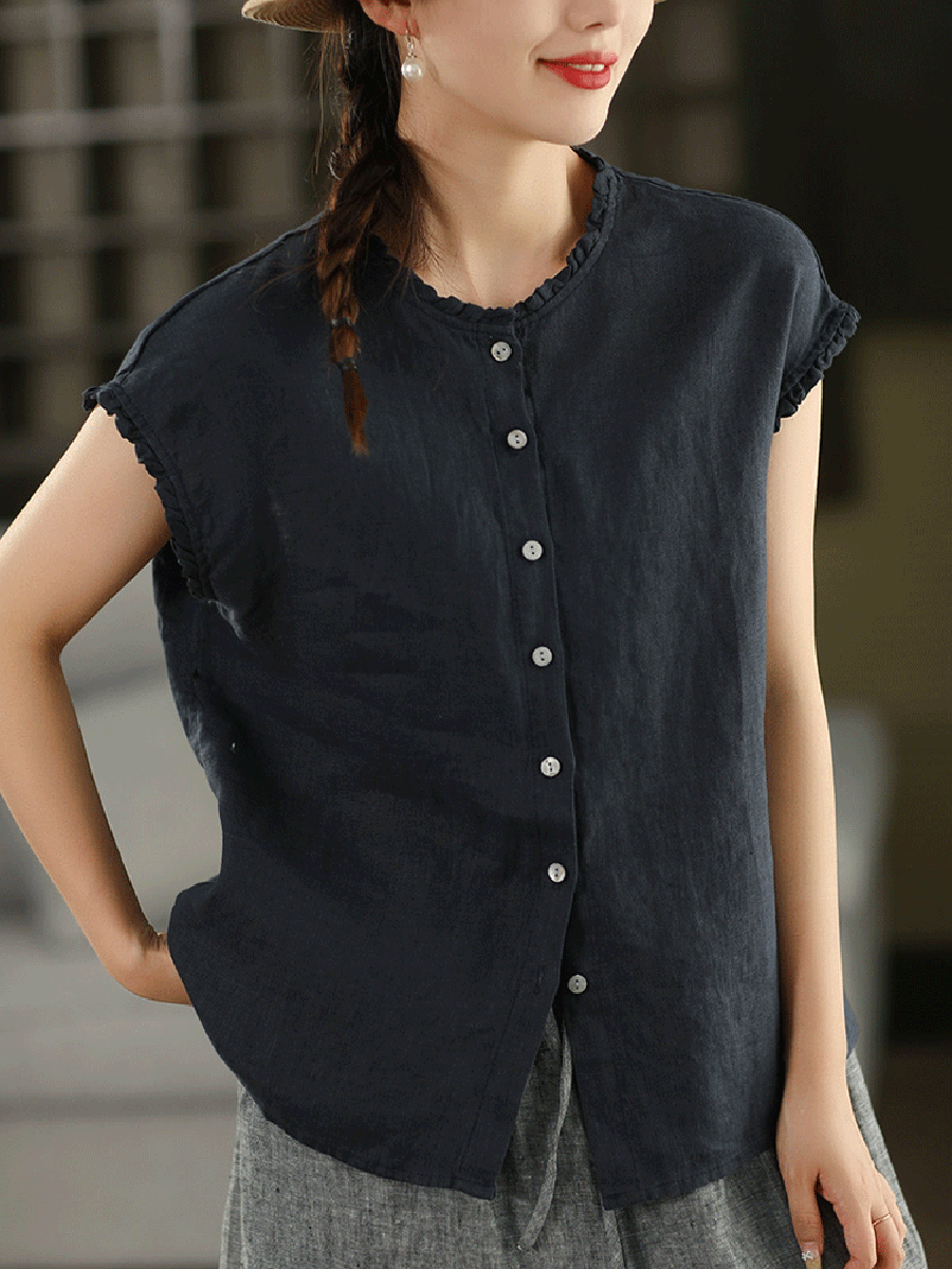 Women Summer Vintage Plaid 100%Linen O-Neck Shirt