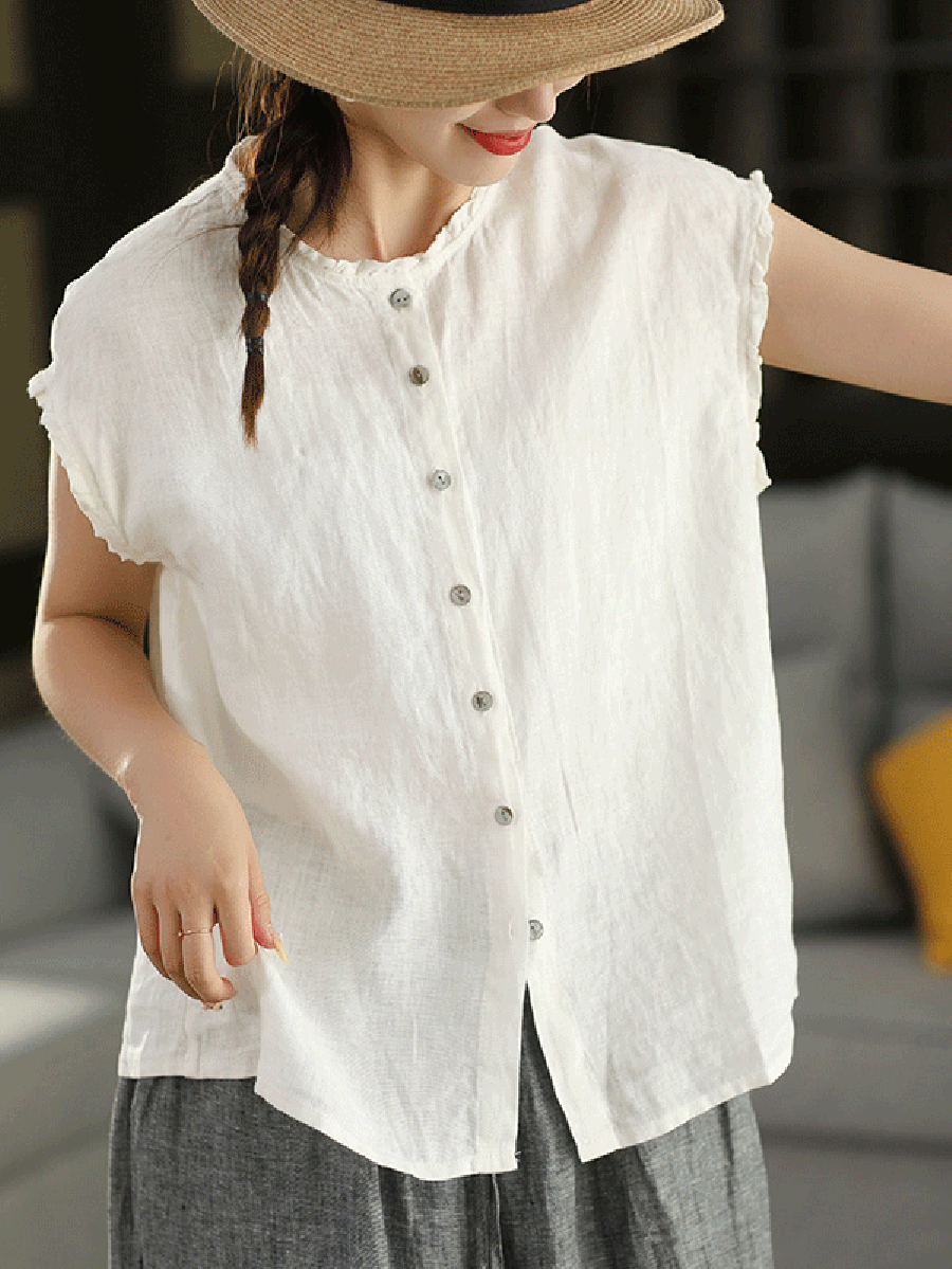 Women Summer Vintage Plaid 100%Linen O-Neck Shirt