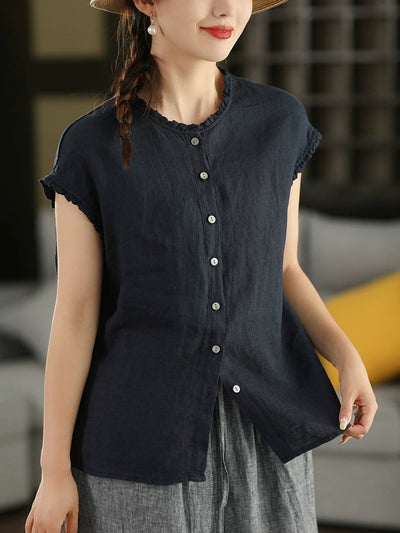 Women Summer Vintage Plaid 100%Linen O-Neck Shirt