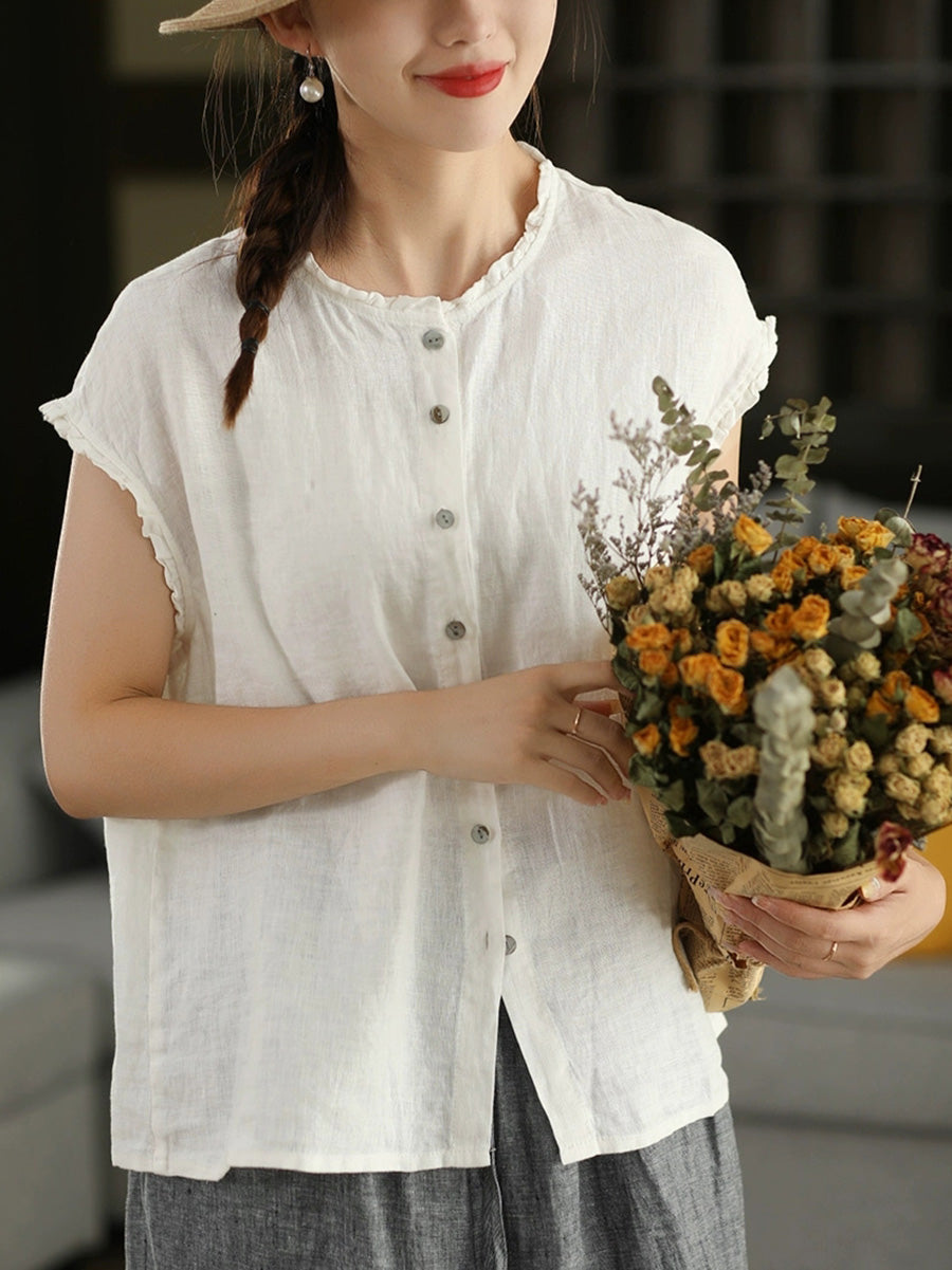 Women Summer Vintage Plaid 100%Linen O-Neck Shirt