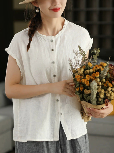 Women Summer Vintage Plaid 100%Linen O-Neck Shirt