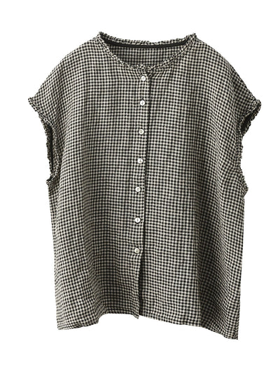 Women Summer Vintage Plaid 100%Linen O-Neck Shirt