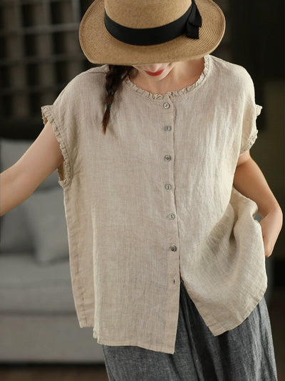 Women Summer Vintage Plaid 100%Linen O-Neck Shirt