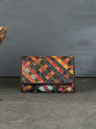 Women Colorful Leather Weave Multifunction Wallet