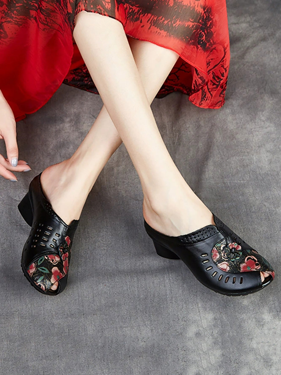 Women Summer Ethnic Flower Leather Spliced Mid Heel Slippers