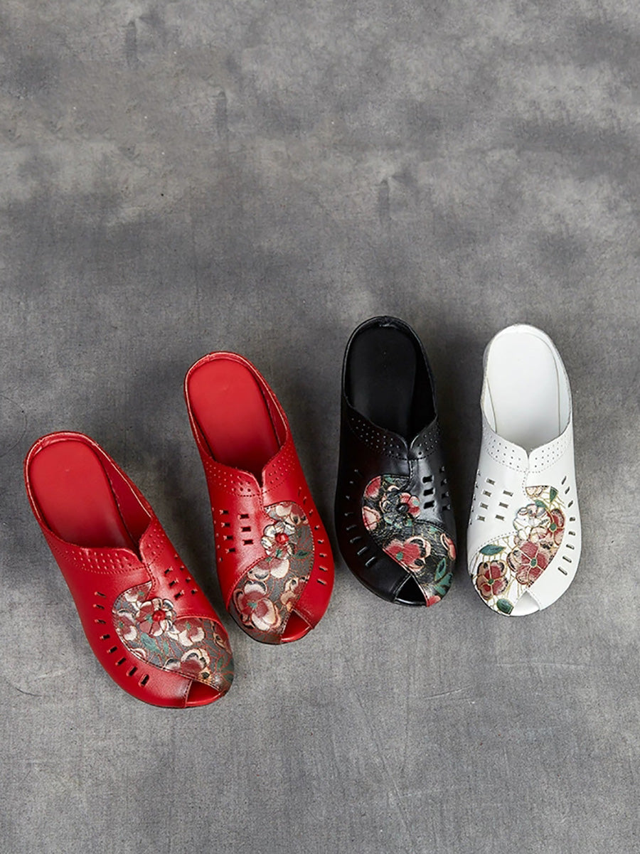 Women Summer Ethnic Flower Leather Spliced Mid Heel Slippers