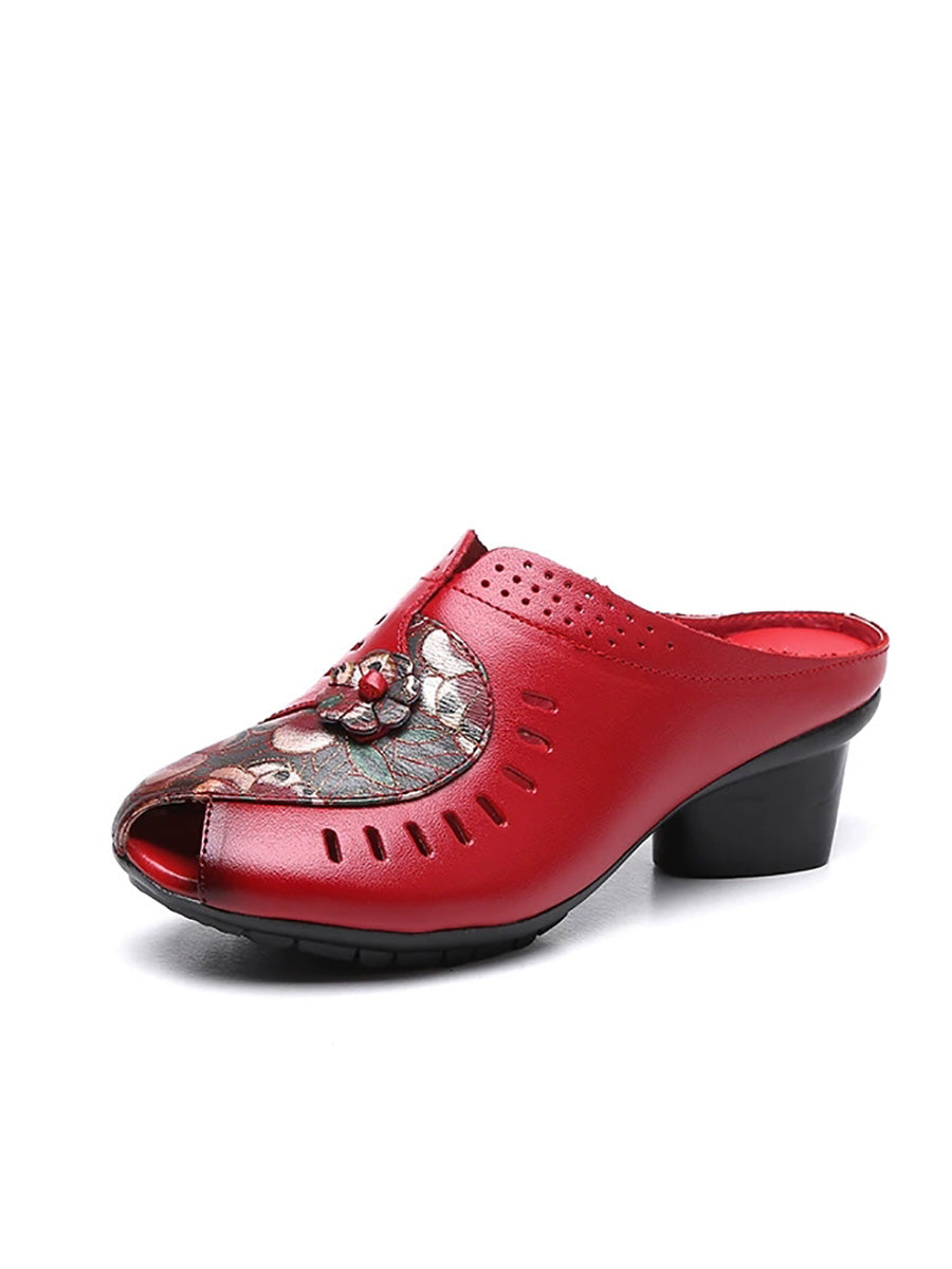 Women Summer Ethnic Flower Leather Spliced Mid Heel Slippers