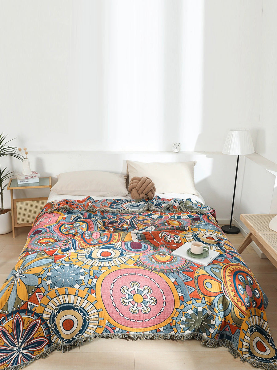 100%Cotton Print Tassel Bedcover Sofa Blanket