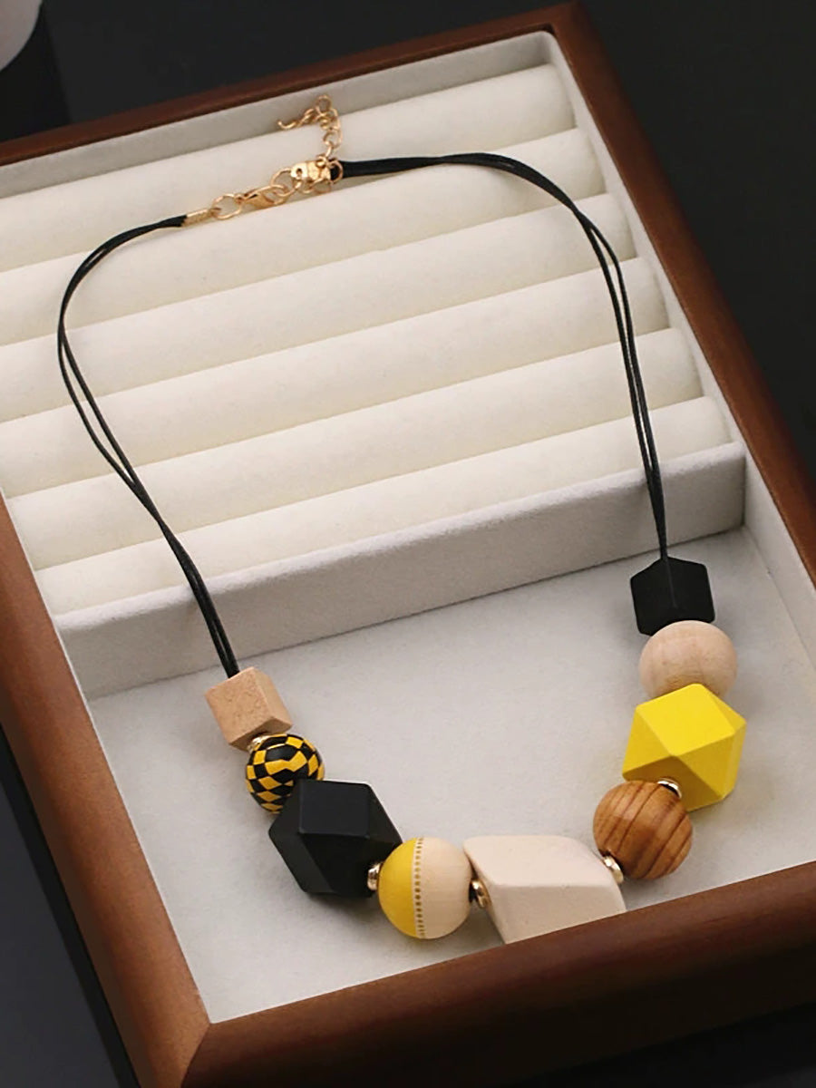 Women Fashion Geometric Wood Weave Necklace