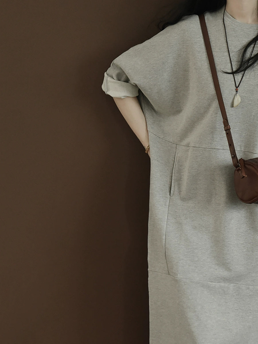 Plus Size Women Autumn Casual Pure Color O-Neck Cotton Dress