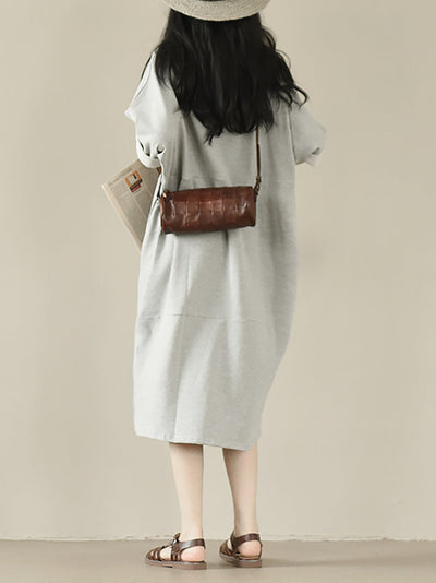 Plus Size Women Autumn Casual Pure Color O-Neck Cotton Dress