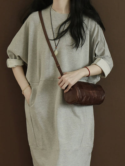 Plus Size Women Autumn Casual Pure Color O-Neck Cotton Dress