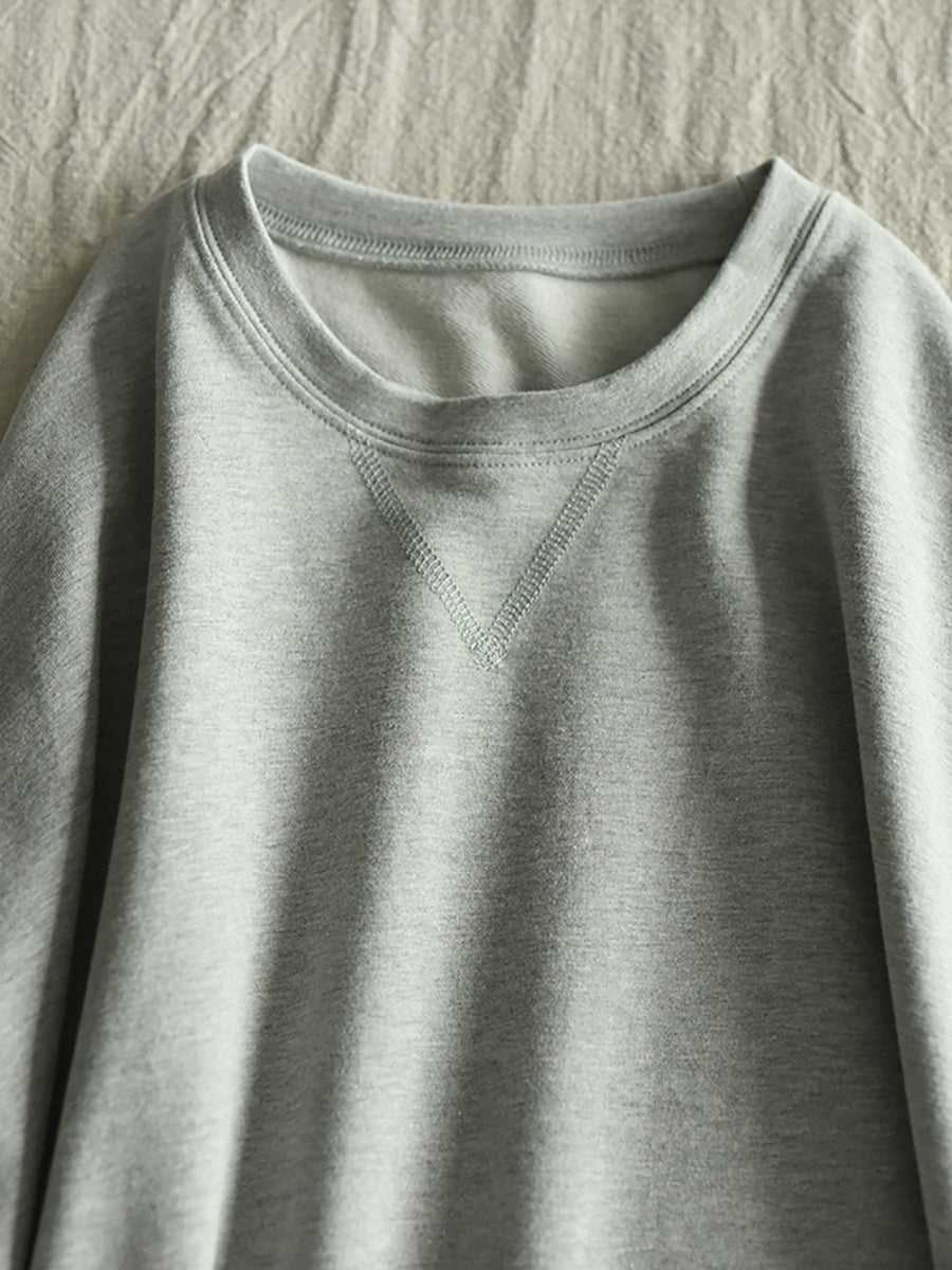 Plus Size Women Autumn Casual Pure Color O-Neck Cotton Dress