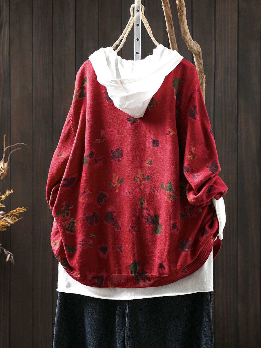 Women Autumn Artsy Flower Knitted O-Neck Sweater