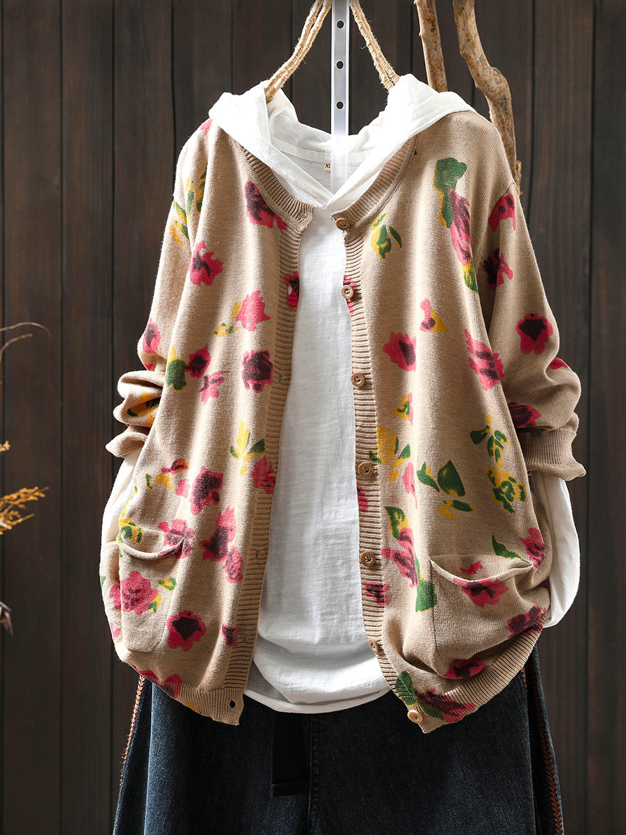 Women Autumn Artsy Flower Knitted O-Neck Sweater