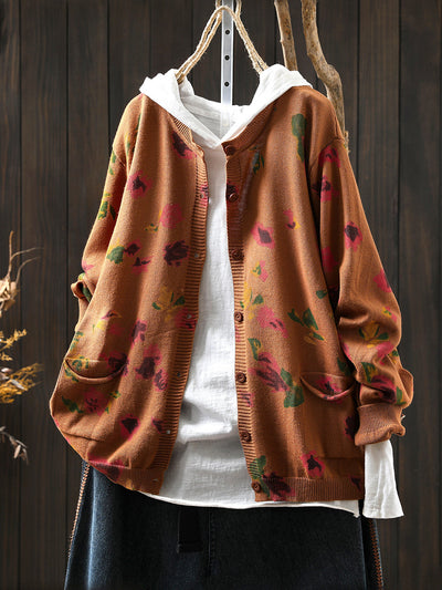 Women Autumn Artsy Flower Knitted O-Neck Sweater