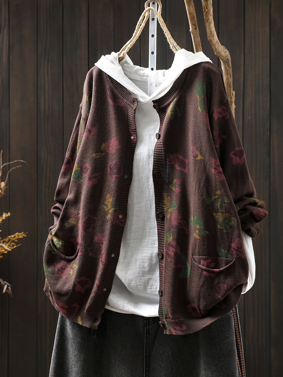 Women Autumn Artsy Flower Knitted O-Neck Sweater