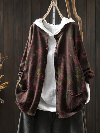 Women Autumn Artsy Flower Knitted O-Neck Sweater