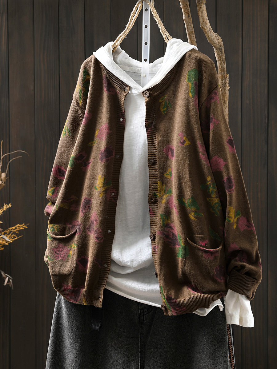 Women Autumn Artsy Flower Knitted O-Neck Sweater