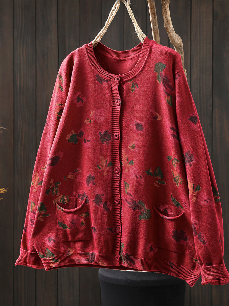 Women Autumn Artsy Flower Knitted O-Neck Sweater