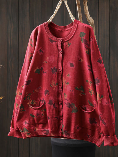 Women Autumn Artsy Flower Knitted O-Neck Sweater