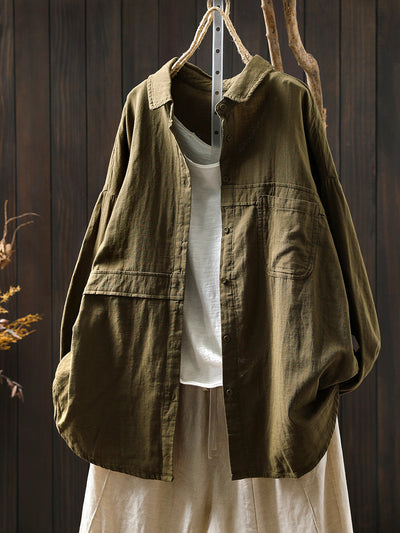 Women Pure Color Turn-down Collar 100%Cotton Shirt