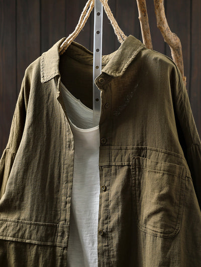 Women Pure Color Turn-down Collar 100%Cotton Shirt