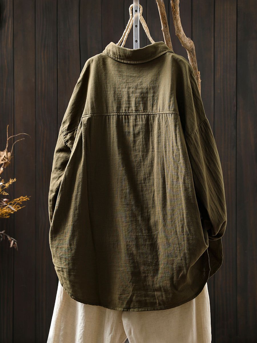 Women Pure Color Turn-down Collar 100%Cotton Shirt