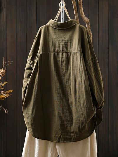 Women Pure Color Turn-down Collar 100%Cotton Shirt