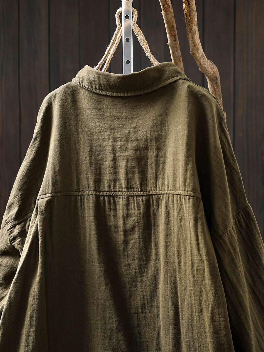 Women Pure Color Turn-down Collar 100%Cotton Shirt