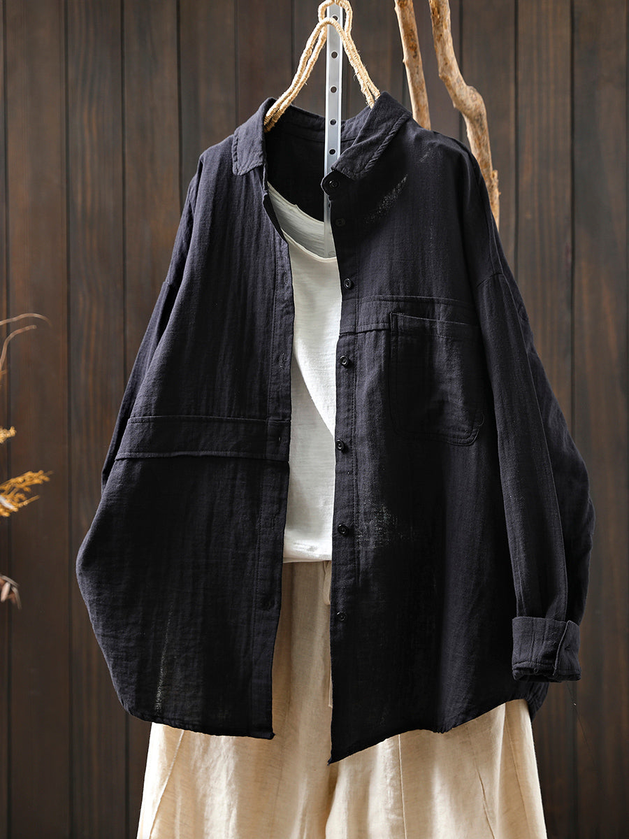 Women Pure Color Turn-down Collar 100%Cotton Shirt