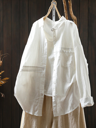 Women Pure Color Turn-down Collar 100%Cotton Shirt