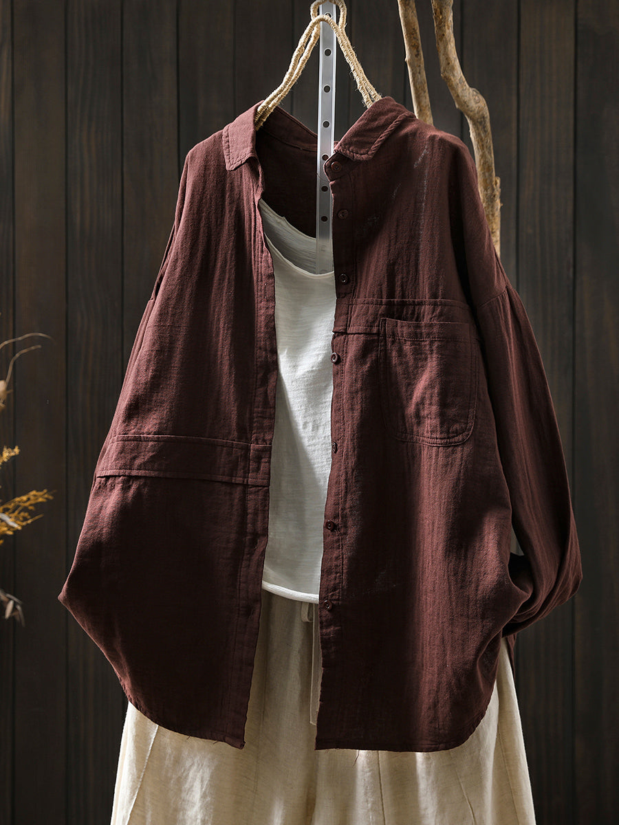 Women Pure Color Turn-down Collar 100%Cotton Shirt