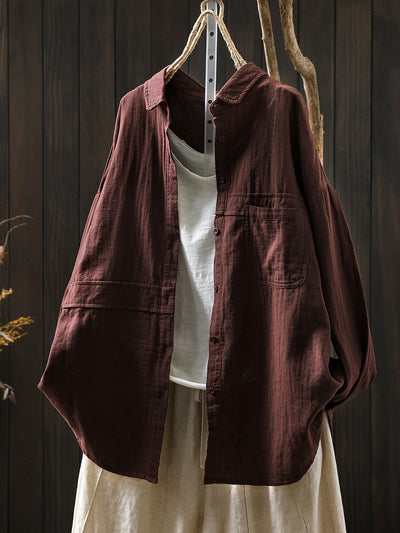 Women Pure Color Turn-down Collar 100%Cotton Shirt