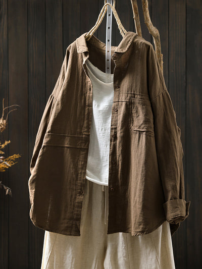 Women Pure Color Turn-down Collar 100%Cotton Shirt