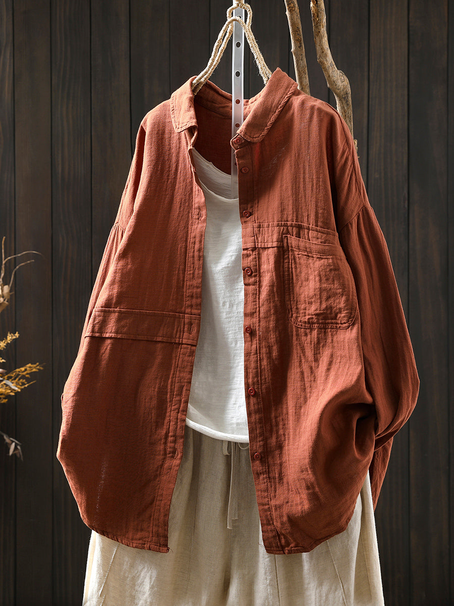 Women Pure Color Turn-down Collar 100%Cotton Shirt