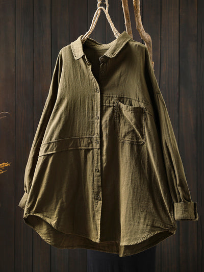 Women Pure Color Turn-down Collar 100%Cotton Shirt