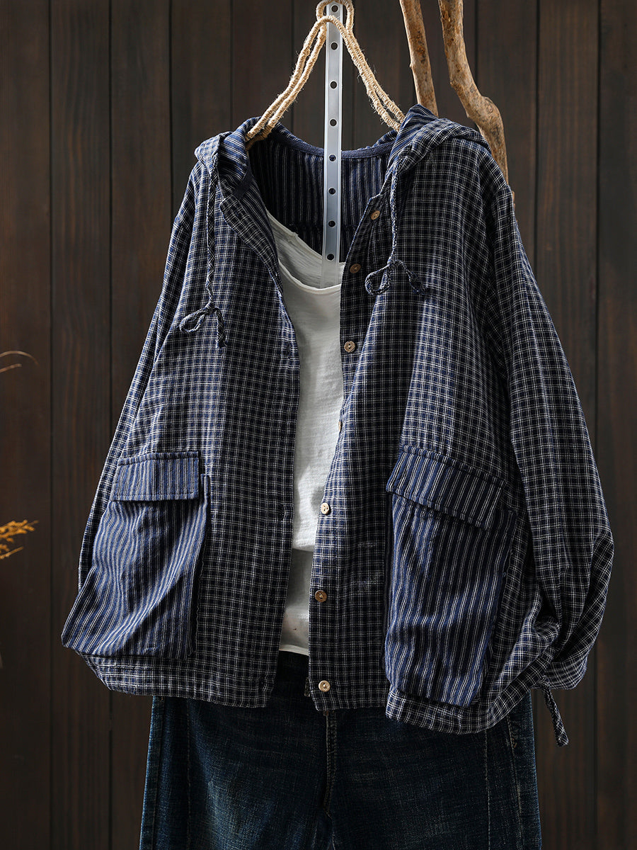 Women Autumn Plaid Hooded 100%Cotton Shirt