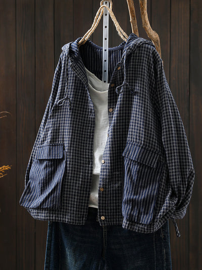 Women Autumn Plaid Hooded 100%Cotton Shirt