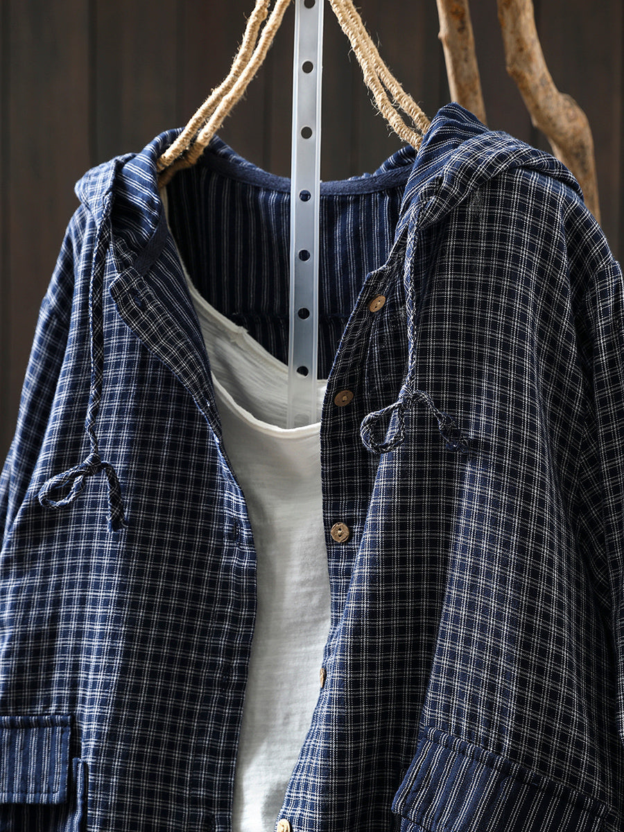 Women Autumn Plaid Hooded 100%Cotton Shirt